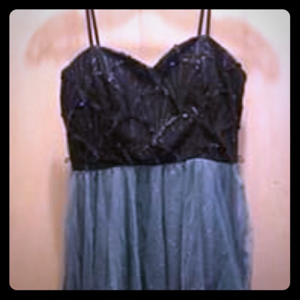 navy blue and sparkly teal dress